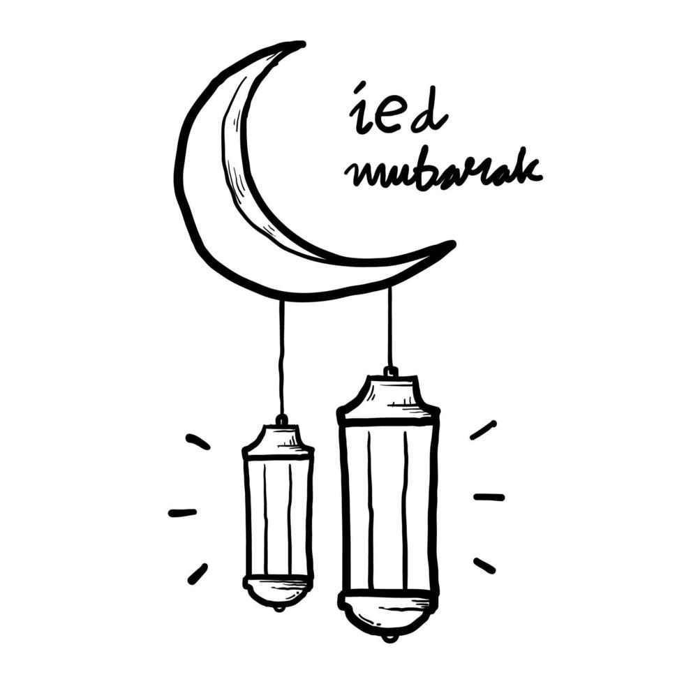 handgetekende eid mubarak-groet met maan en islamitische lantaarn. belettering hand doodle vector