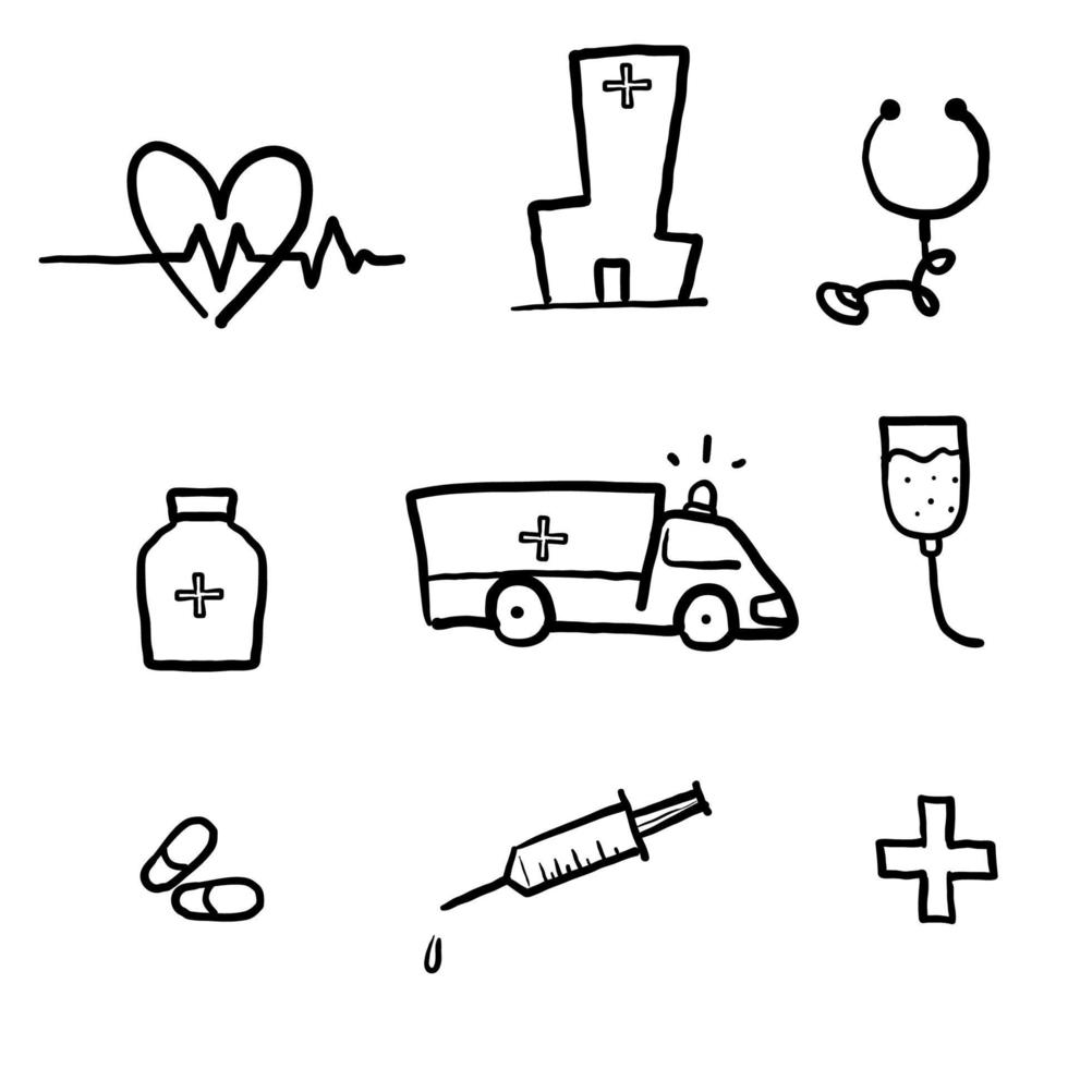 set handgetekende ziekenhuis- en geneeskundegerelateerde vectorillustratie met eenvoudige doodle vector