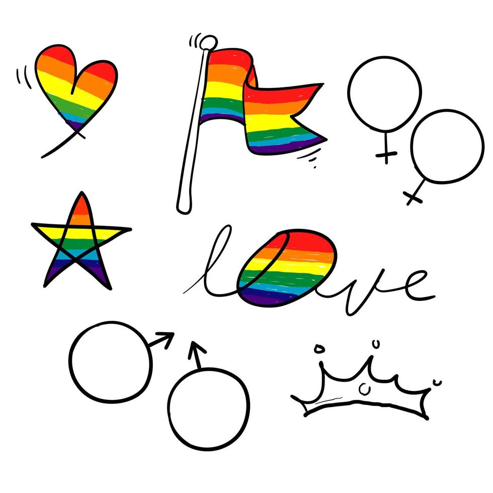 handgetekende trots, liefde, met regenboogsymbool voor homoslogan en lgbt-rechten. doodle vector