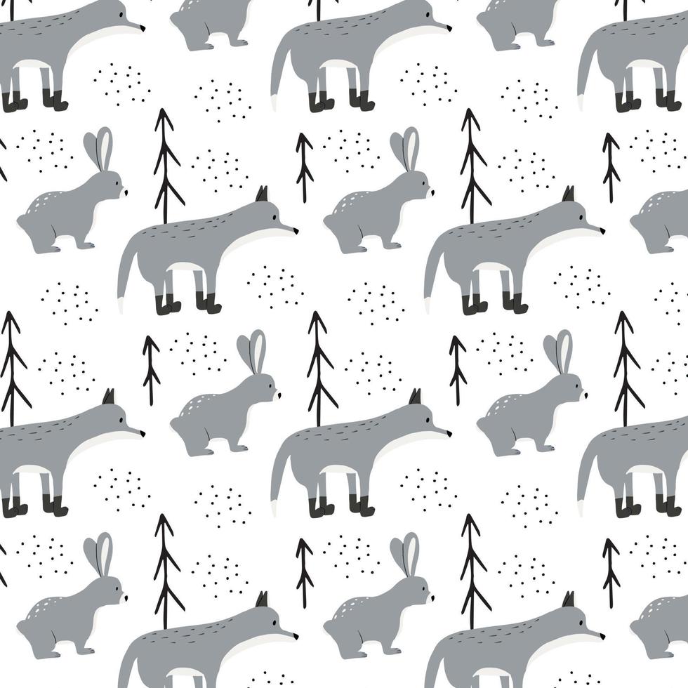 kinderachtig patroon met grijze wolf en haas. handgetekende bospatroon met haas en wolf en bomen. vector