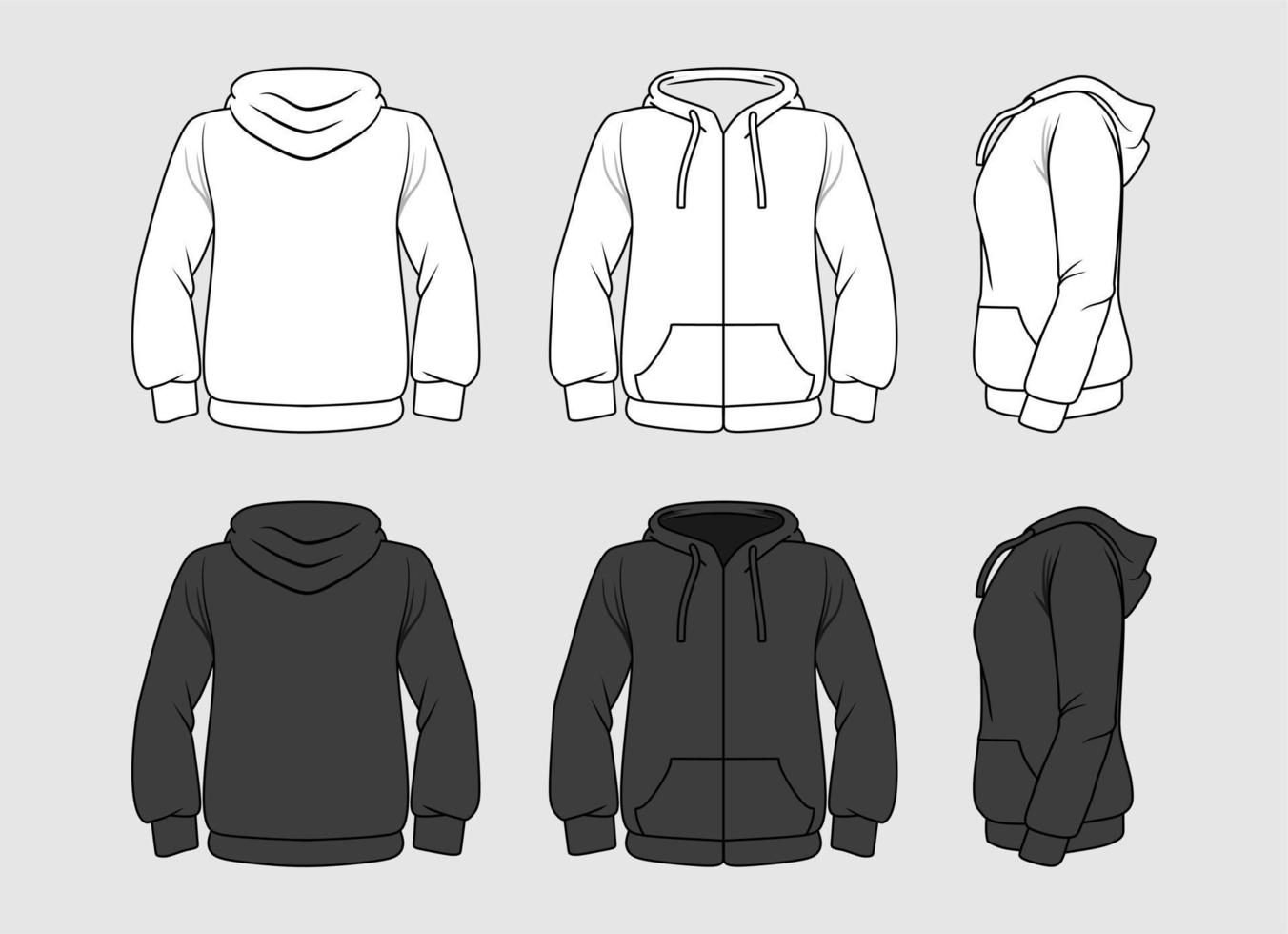 zwart-wit sweatshirt hoodie sjabloon in drie dimensies. voor-, zij- en achteraanzicht vector. kleding voor sport en stedelijke stijl vector