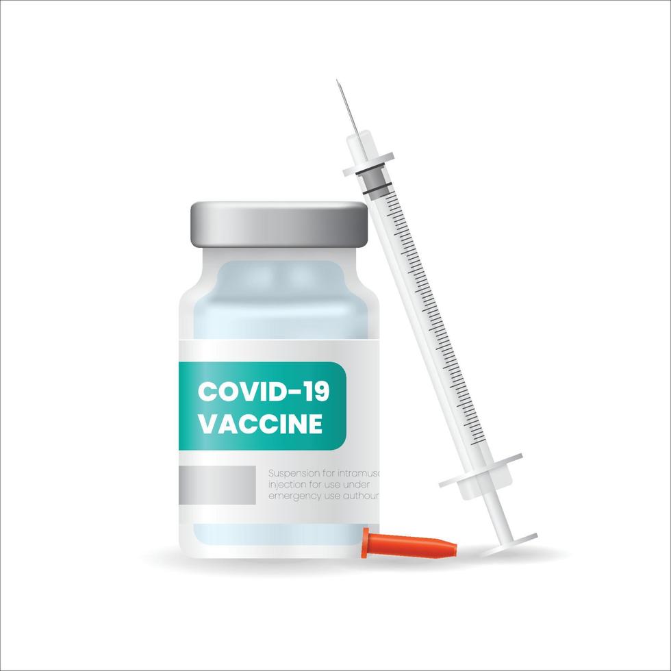covid-19 vaccinampul met spuit op witte achtergrond, geïsoleerde vectorillustratie vector