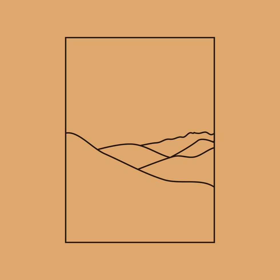 eenvoudige vectorillustratie in eenvoudige lineaire stijl, minimalistisch boho-logo landschap met berg, heuvel en zon. vector