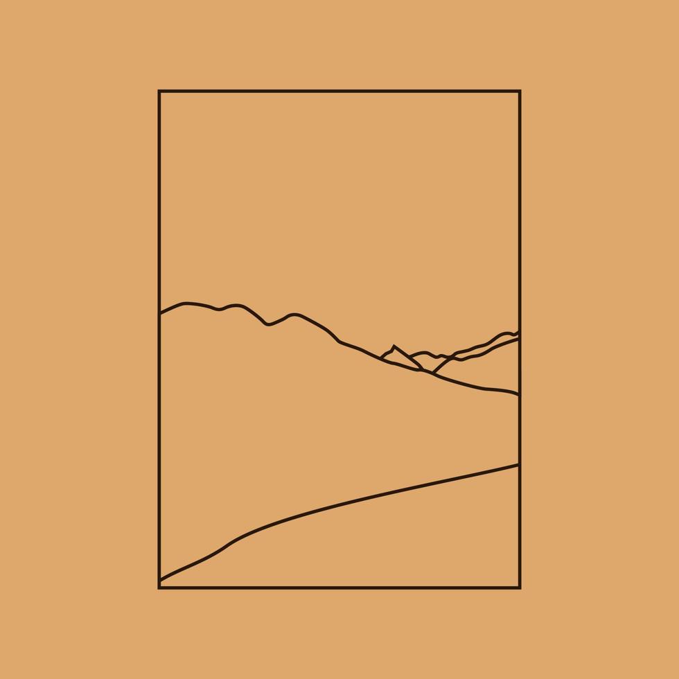 eenvoudige vectorillustratie in eenvoudige lineaire stijl, minimalistisch boho-logo landschap met berg, heuvel en zon. vector