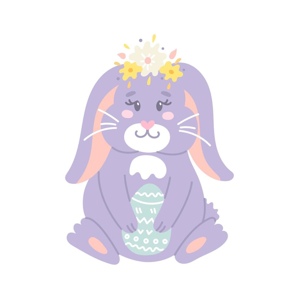 schattig konijn met hangende oren met krans van bloemen en een paasei, platte vectorillustratie op witte achtergrond vector