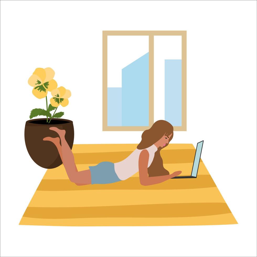het meisje werkt vanuit huis, freelance. liggend op de grond achter een laptop. het concept van thuisblijven. een reeks vectorillustraties. vector