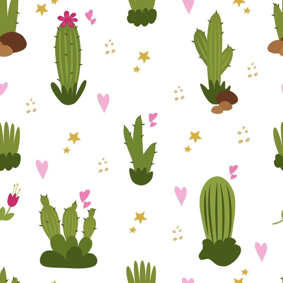 naadloos patroon met schattige cactussen van verschillende typen. vectorillustratie. voor decoratie, scrapbooking, afdrukken op papier, stof. vector