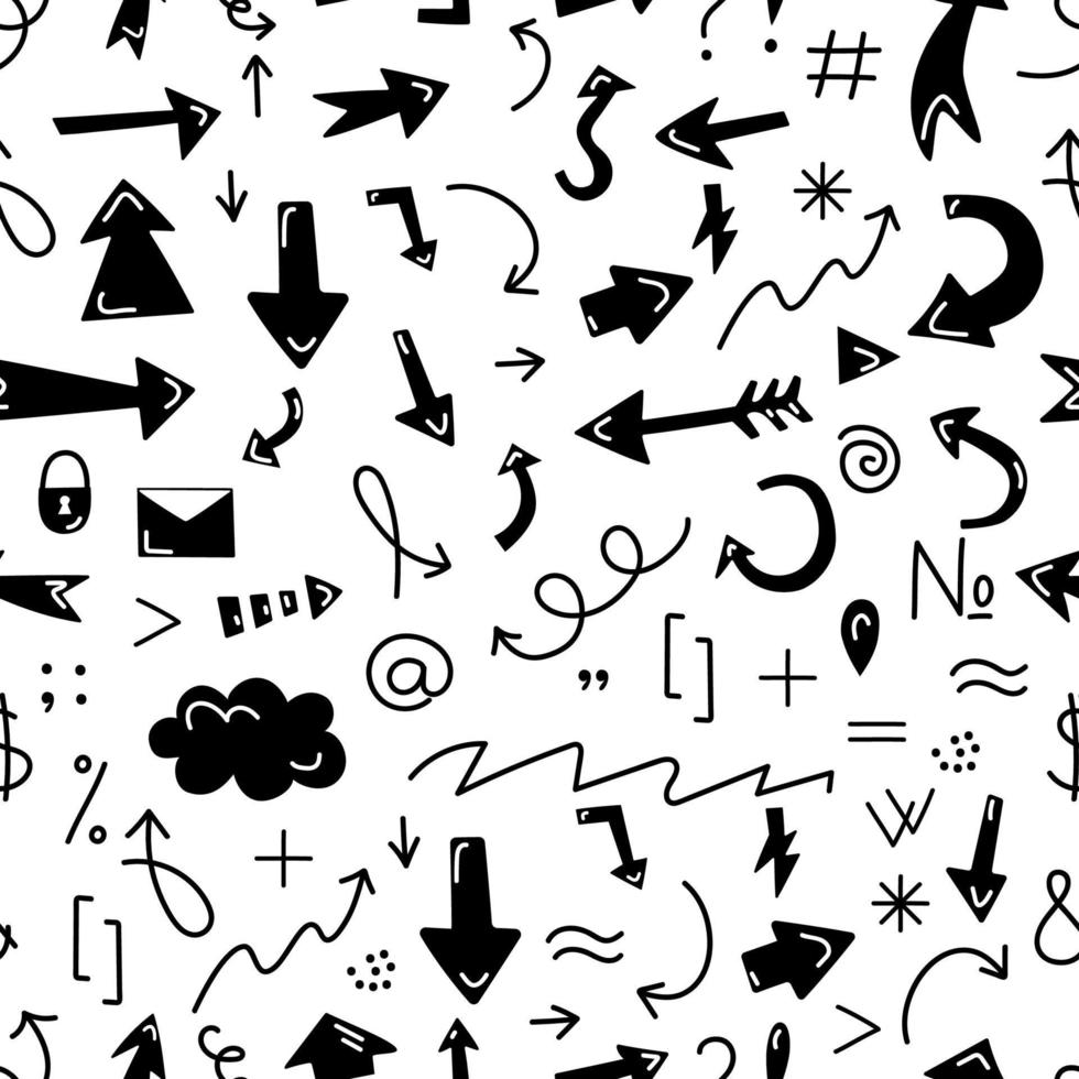 naadloos patroon met zwarte en witte pijlen in doodle-stijl. de symbolen zijn vraagteken, dollar, letter, slot, wolk, haakjes. vectorachtergrond voor afdrukken op papier, stof, verpakking vector