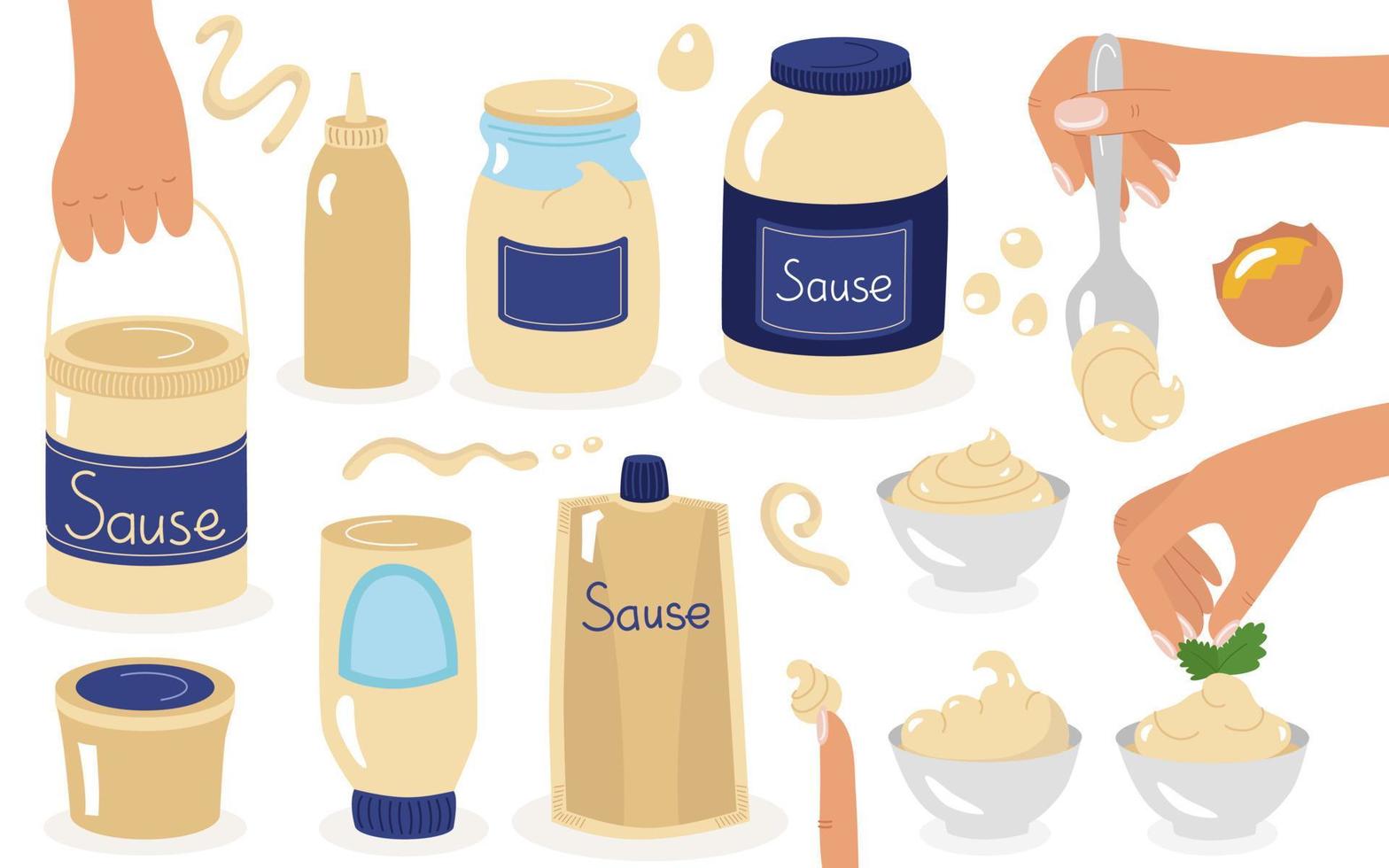 mayonaise diverse soorten potjes met saus, glas, plastic emmers, een zakje met bodem, kommetjes, drops en drips. mooie handen voor ontwerp. een reeks vectorillustraties in een tekenfilm. vector
