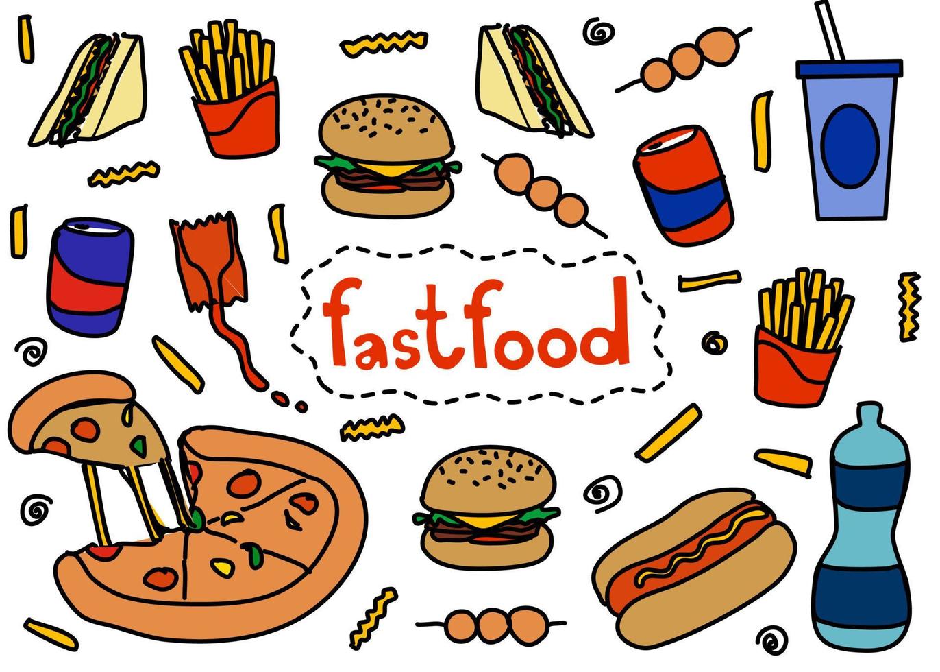 een set doodle-tekenstijl van fastfoodpictogram dat in het midden rond het woord fastfood zweeft. ze zijn geïsoleerd op een witte achtergrond. vector