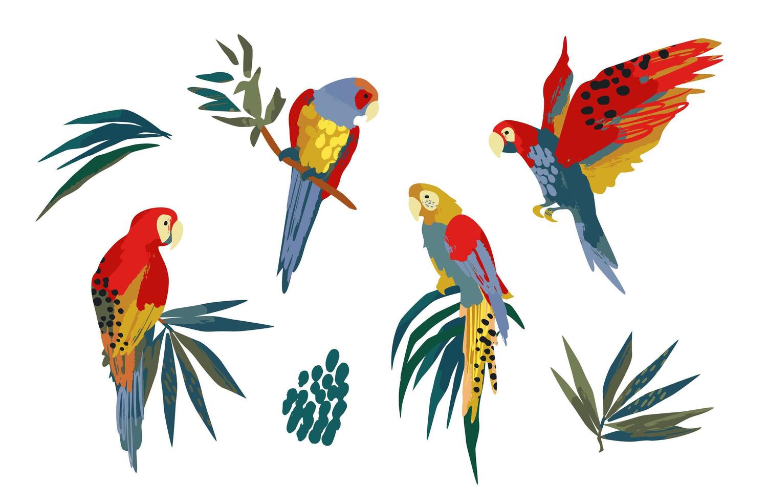 vectorillustraties van papegaaien en tropische bladeren. clipart, geïsoleerde elementen. vector