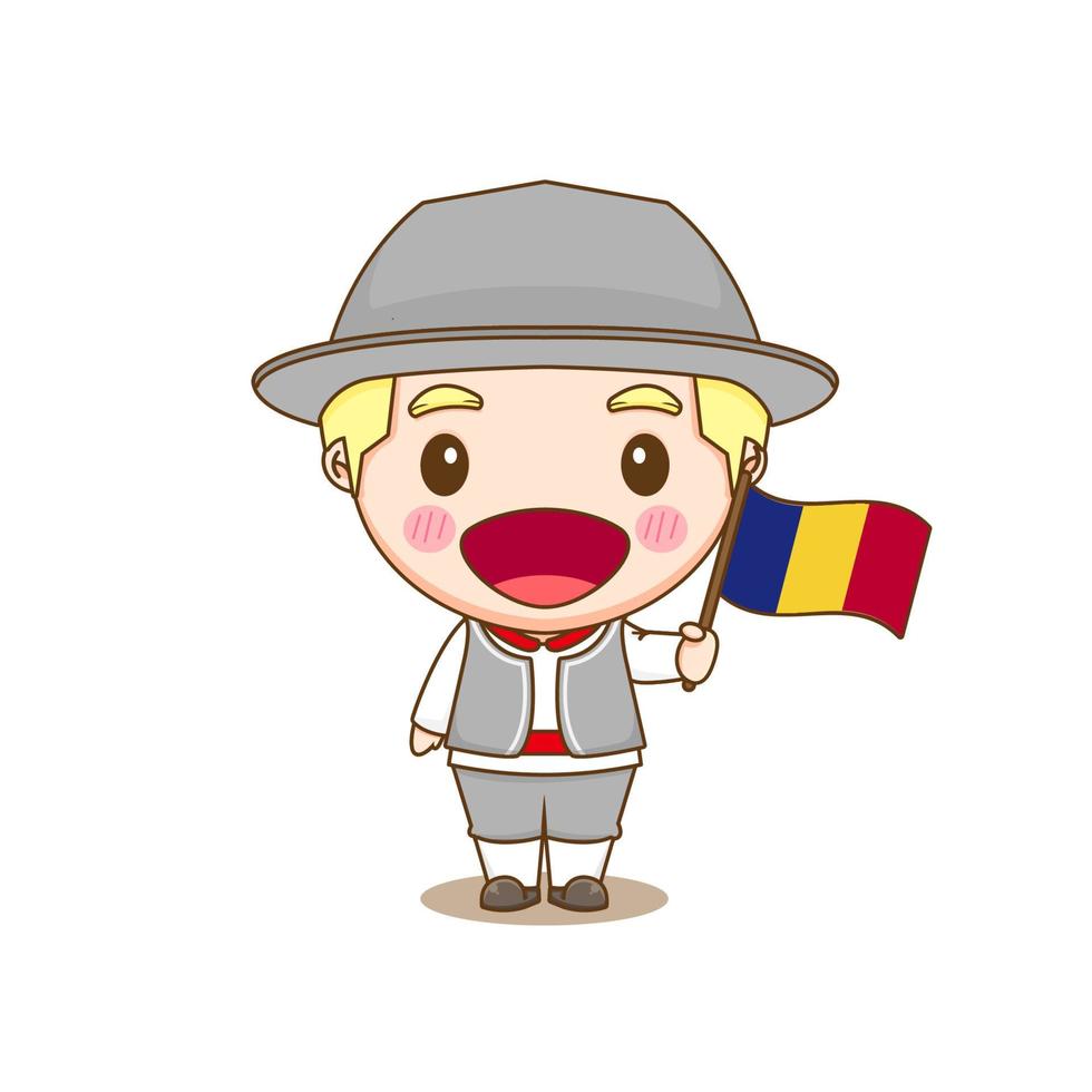 leuke jongen die nationaal met vlag draagt. chibi stripfiguur geïsoleerde achtergrond. vector