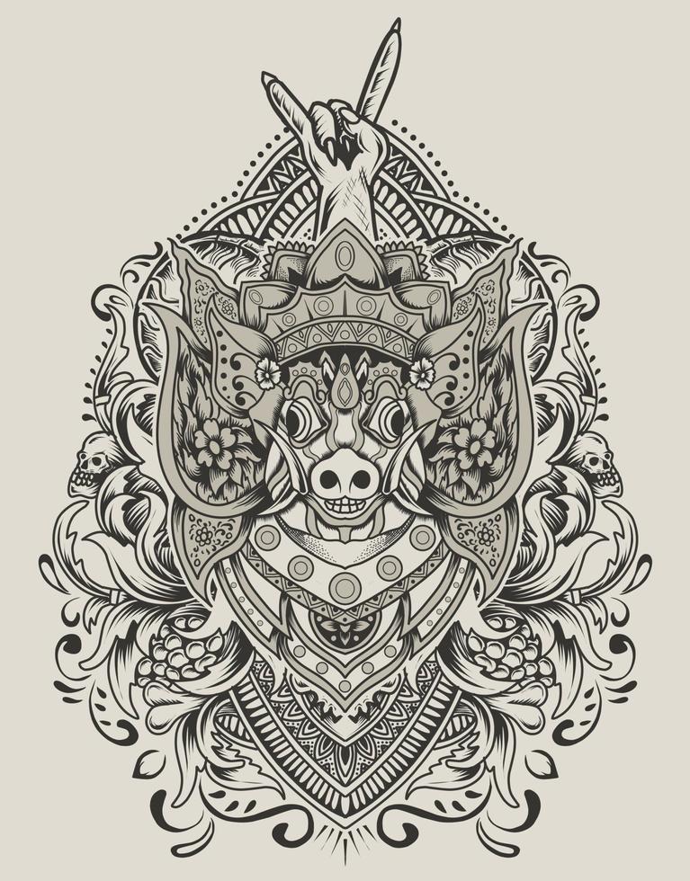 illustratie barong bangkung hoofd met vintage gravure ornament vector