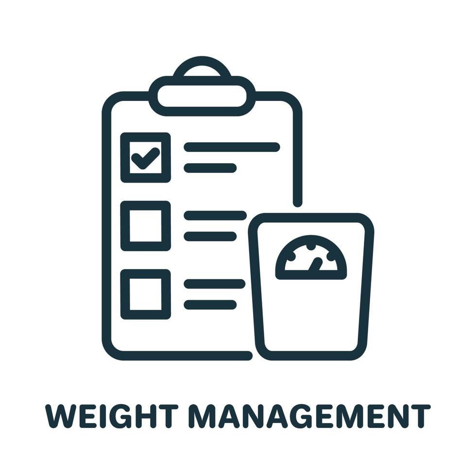 gewicht beheer lijn icoon. body mass control lineair pictogram. plan voor gewichtsbeheersing op klembord met schalen overzicht icoon. geïsoleerde vectorillustratie. vector