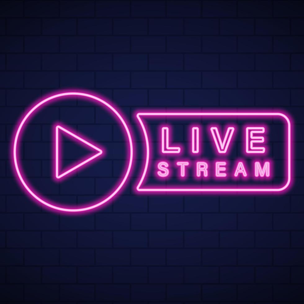 live stream neon teken op muur baksteen achtergrond. online uitgezonden nachtlampje symbool. neonbanner van multimedia livestream nieuwspictogram. video op luchtpictogram. geïsoleerde vectorillustratie. vector