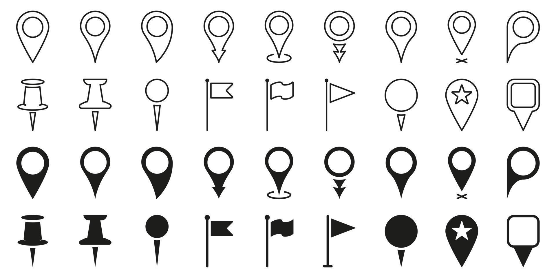 zwarte locatie pinnen. markeerpunt op kaart, plaats locatielijn en silhouetpictogram. punaise teken, vlag teken. aanwijzer navigatie symbool. geïsoleerde vectorillustratie. vector