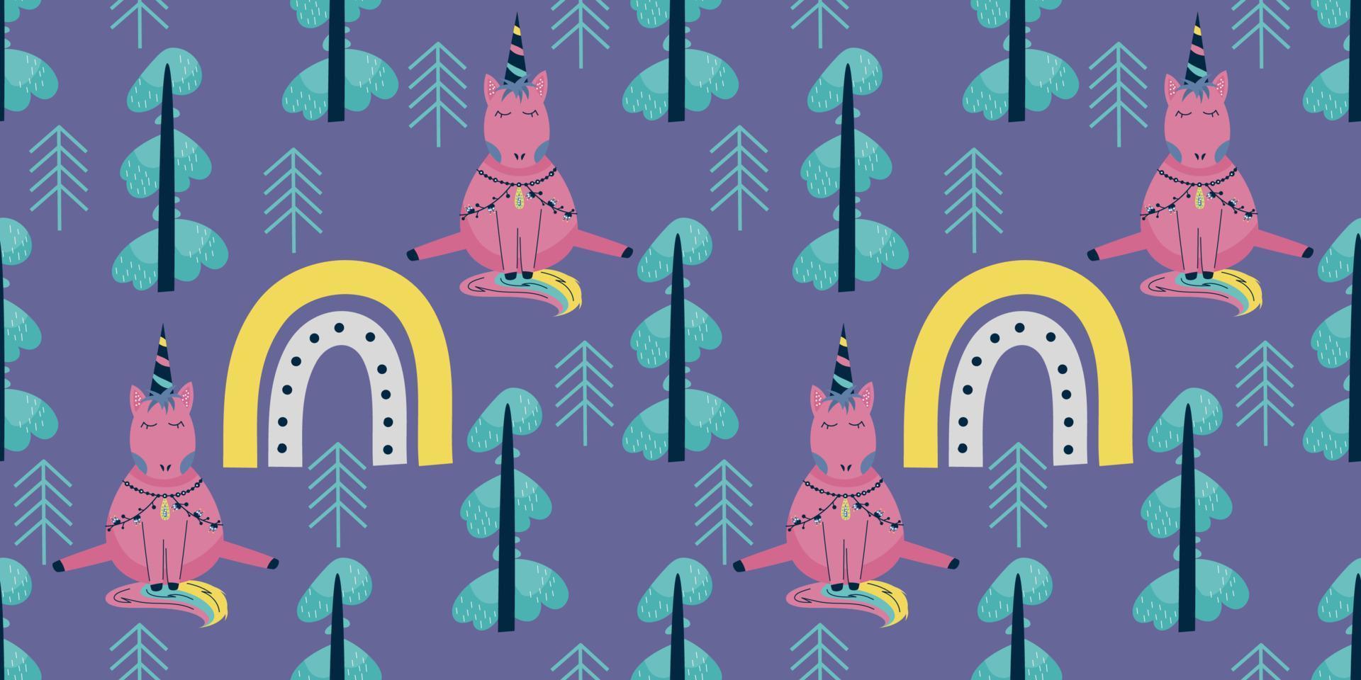 Scandinavisch eenhoorn naadloos patroon met regenboog en boom. een roze paard met een hoorn zit op een donkere achtergrond. Kindertextiel met een heldere regenboog vector
