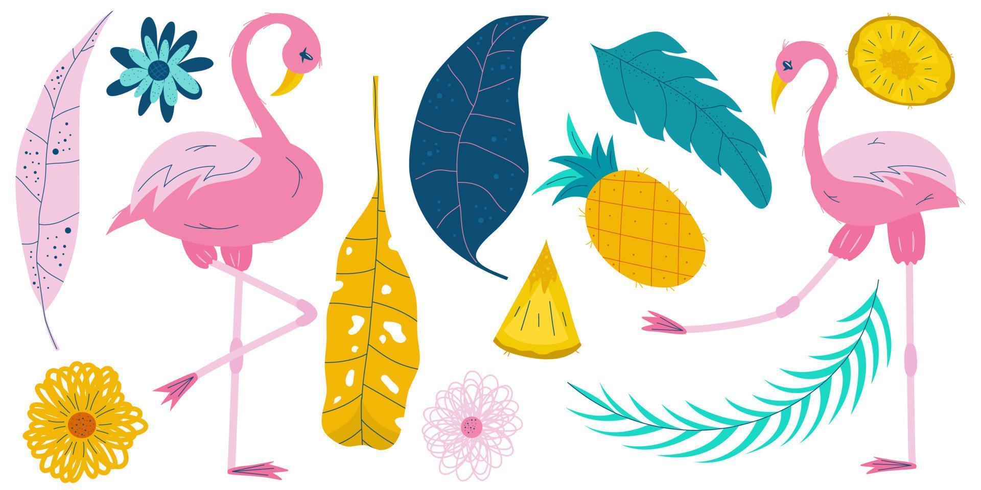 zomer set met roze flamingo en tropische bladeren geïsoleerd op wit background.fruit ananas in een snit en een stuk. bloemen en kleurrijke bladeren voor zomerdesign. platte vectorillustratie. vector