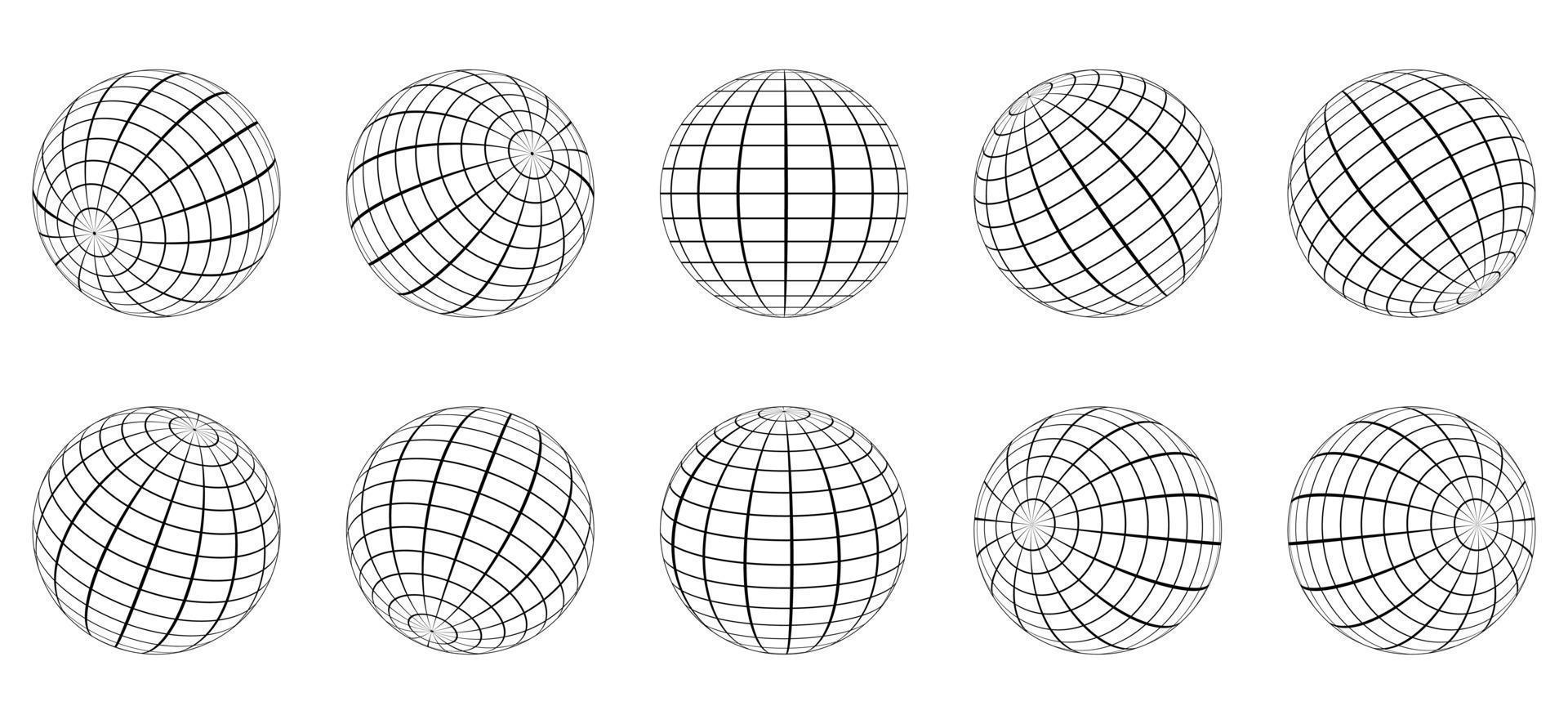 globe raster bol set. 3D-draad wereldwijde aarde breedtegraad, lengtegraad. geometrische rasterbol. ronde raster mesh bal. bedrade lijn 3d planeetbol. draadframe wereldbol oppervlak. geïsoleerde vectorillustratie. vector