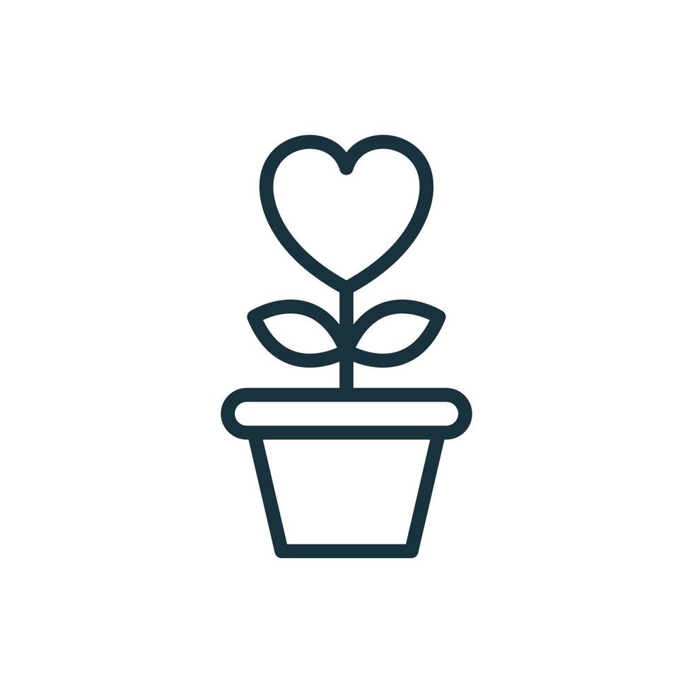 hartvorm bloem in pot met blad lijn icoon. liefdadigheid, liefde en romantiek symbool lineair pictogram. bloei plant groeien in bloempot overzicht icoon. geïsoleerde vectorillustratie vector