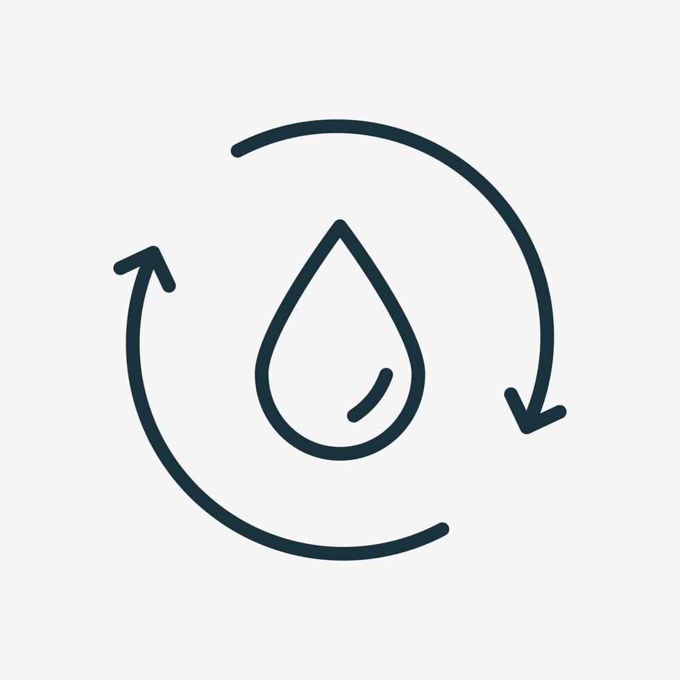 recycle of hergebruik water lineair pictogram. wereld redden. waterdruppel met 2 sync en ronde pijlen. recycle symbool. vernieuwen van vloeistof. vectorillustratie. vector