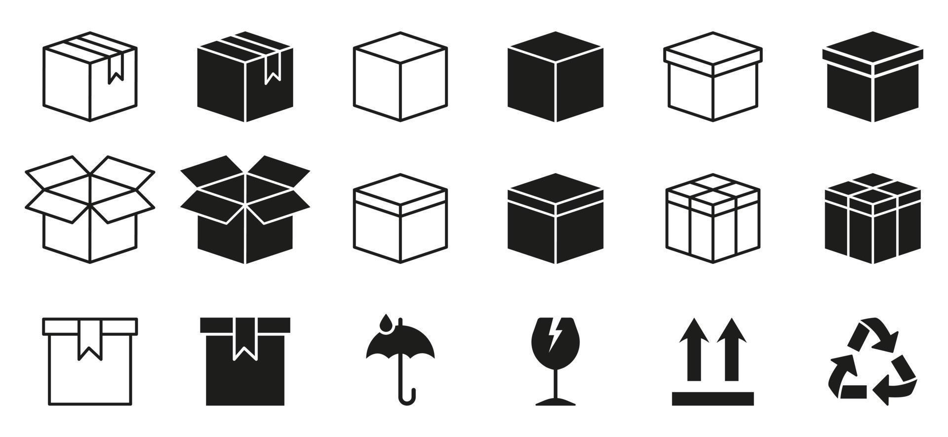 kartonnen dozen lijn en silhouet icon set. pakket met symbool van recycle, glas, breekbaar pictogram. open en gesloten pakketcollectie icoon. geïsoleerde vectorillustratie. vector