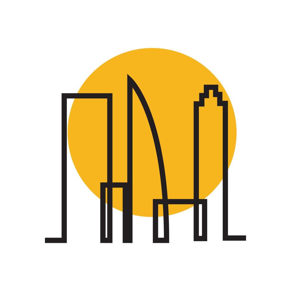 architectuur lijnen gebouw stad wolkenkrabber met zonsondergang logo ontwerp vector pictogram symbool grafische afbeelding