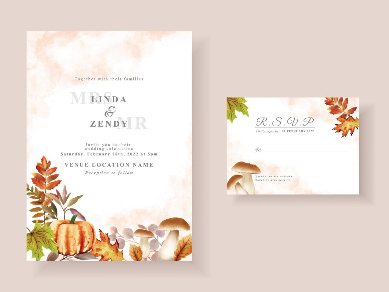 bruiloft uitnodigingskaart met herfst seizoen thema vector