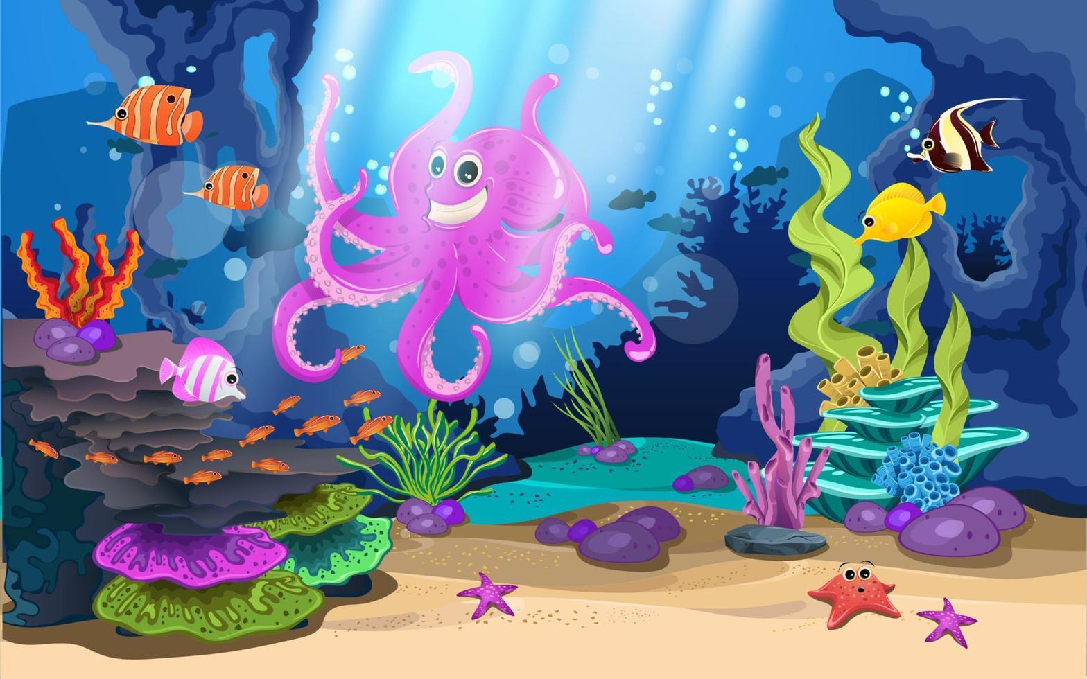 mariene habitats en de schoonheid van koraal. er zijn vissenkoraalrif en gigantische octopus. vector