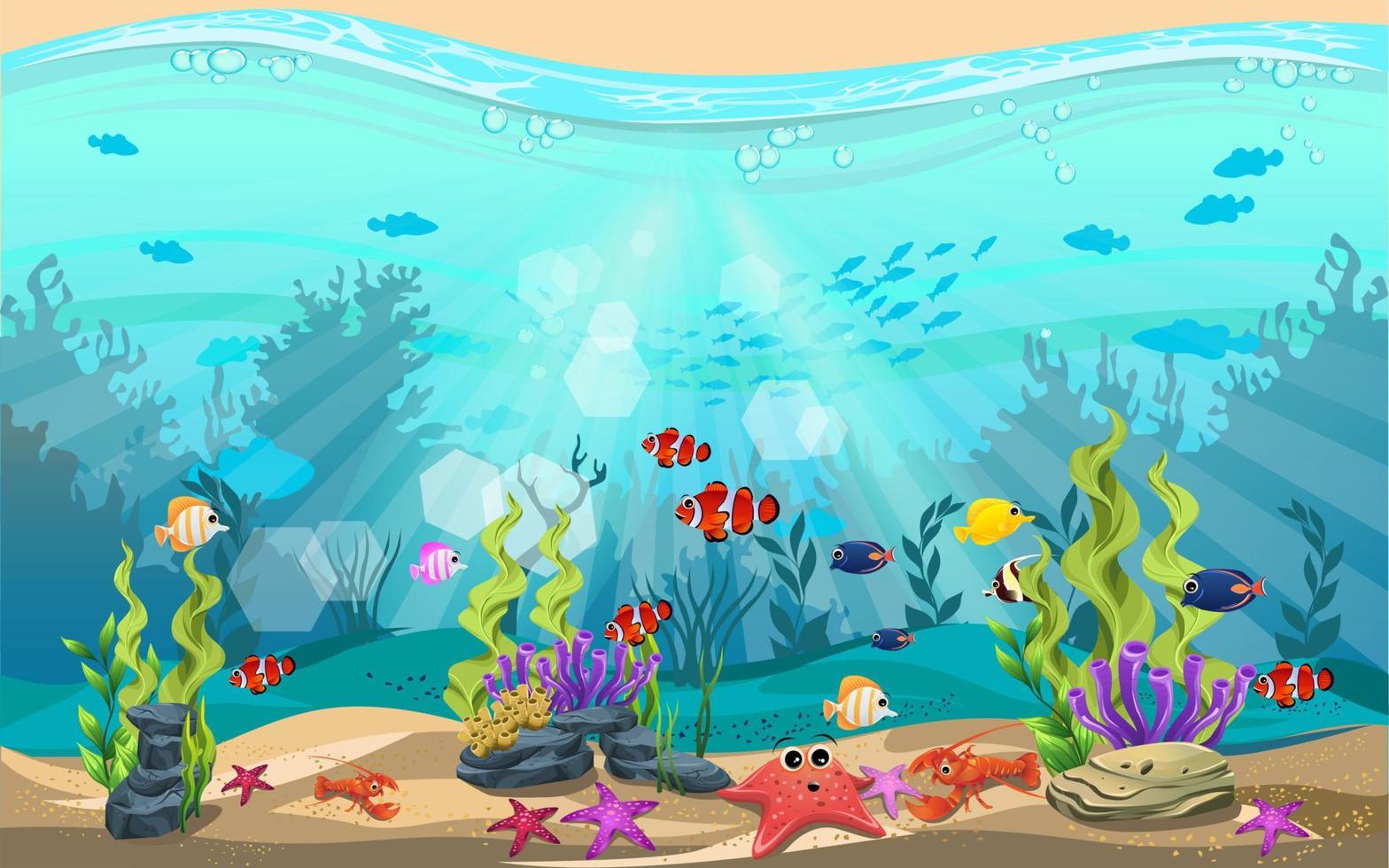 de schoonheid van het onderwaterleven met verschillende dieren en leefgebieden. het onderwaterleven is glanzend en kleurrijk met algen, koraal en koraalriffen vector