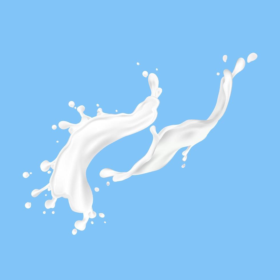 melk splash en blauwe achtergrond. illustratie van een drankje of eten. vector