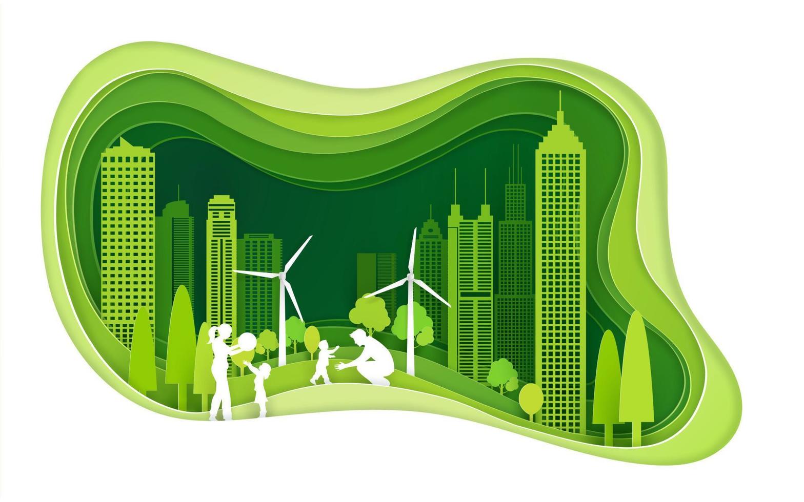 groene stad met gebouw en milieuvriendelijk. papier kunst concept vector