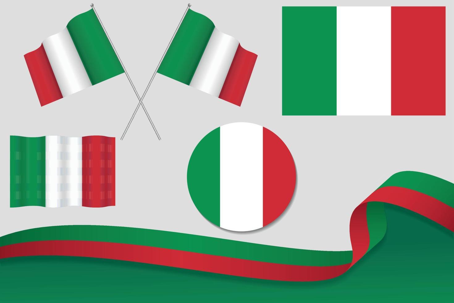 set van italië vlaggen in verschillende ontwerpen, pictogram, vlaggen villen met lint met achtergrond. gratis vector