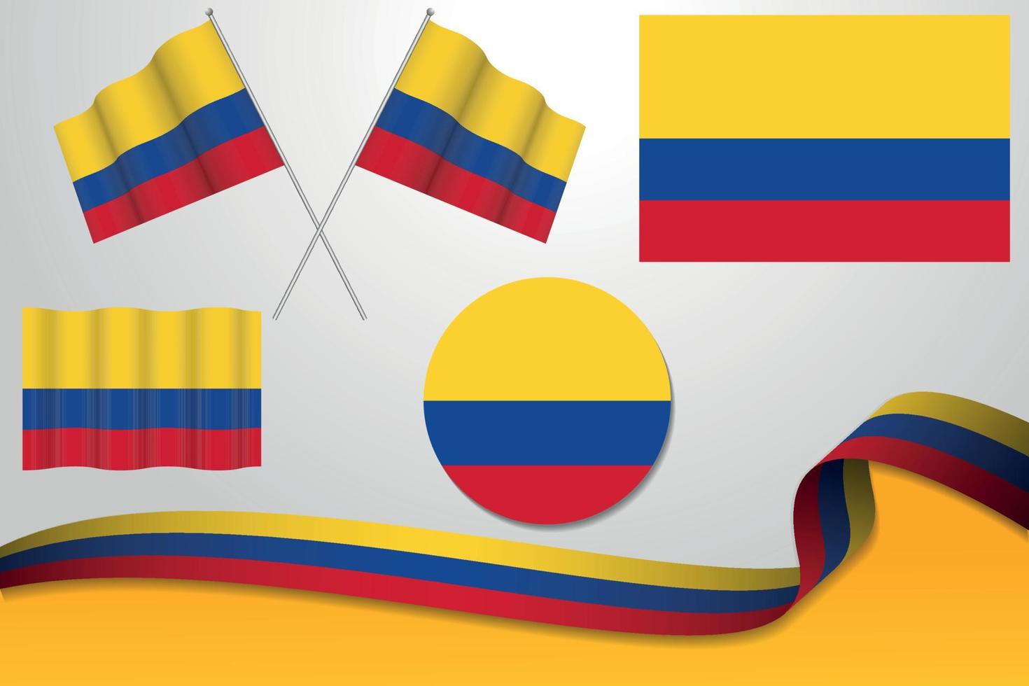 set van colombia vlaggen in verschillende ontwerpen, pictogram, vlaggen villen met lint met achtergrond. gratis vector
