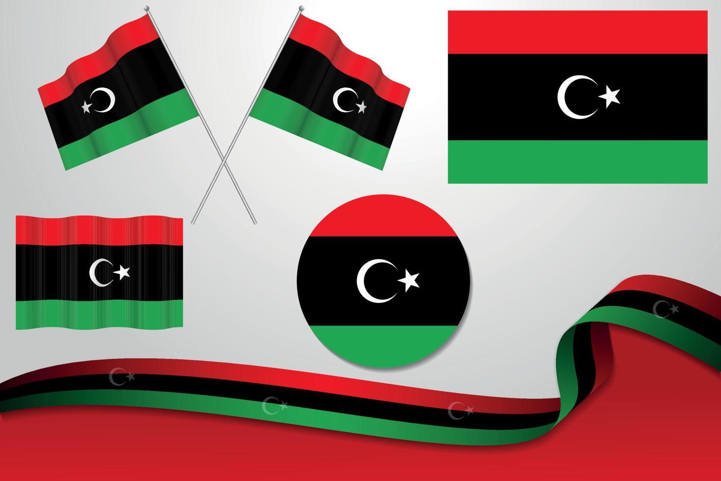 set van libië vlaggen in verschillende ontwerpen, pictogram, vlaggen villen met lint met achtergrond. gratis vector