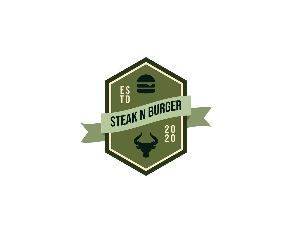 steak en hamburger logo badge. hamburger icoon. stier hoofd silhouet vector