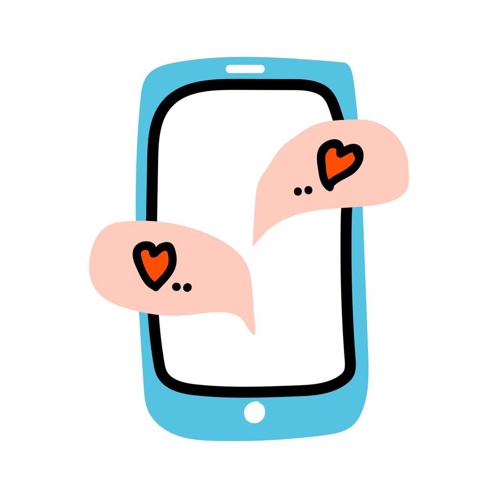 Valentijnsdag doodle pictogram mobiele telefoon met tekstballonnen en hart. internet praten, chatten, liefdesdecoratie. handgetekende, zeer fijne tekeningen, platte en belettering vector voor web, kaart, sticker