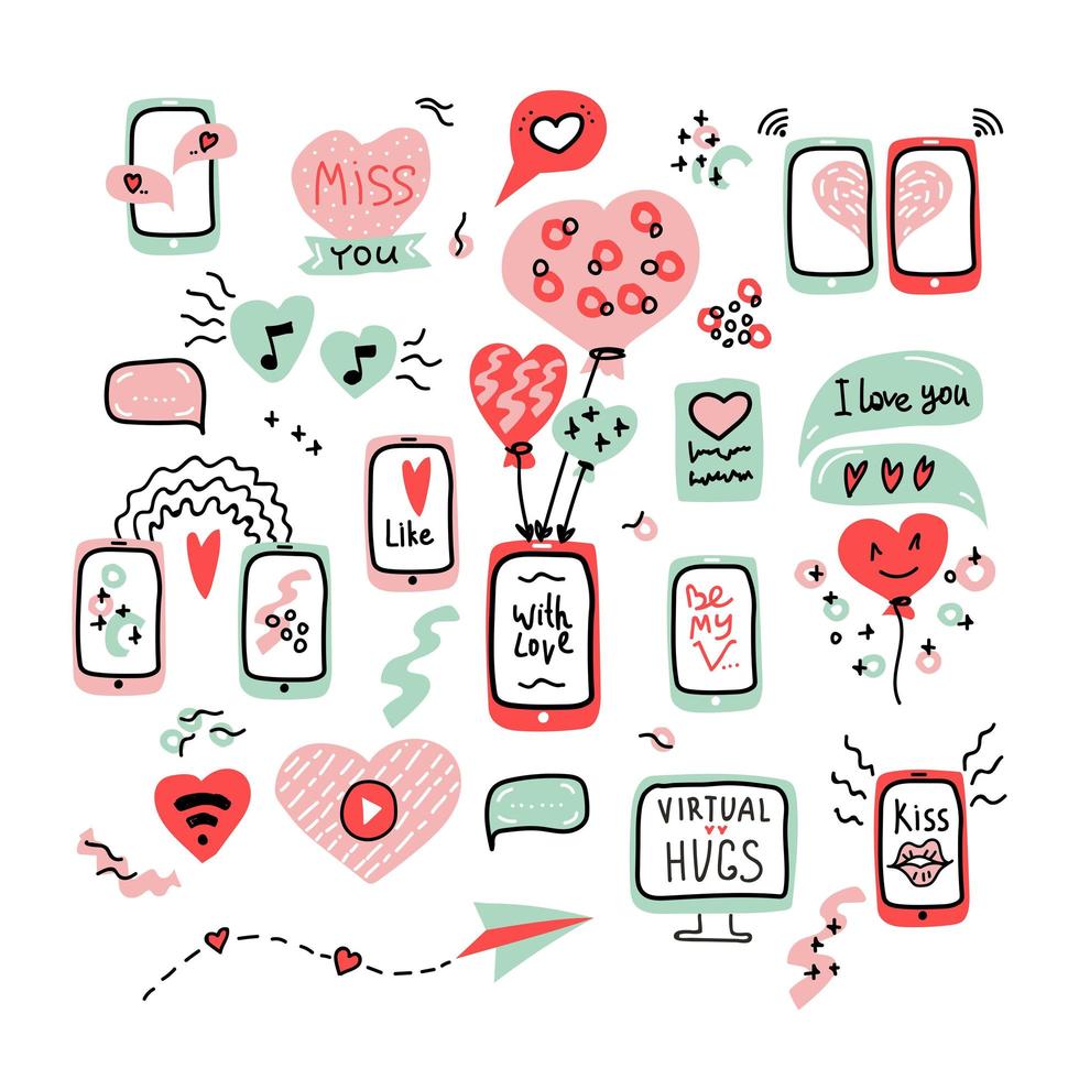 Valentijnsdag grote set doodle pictogram bericht virtuele liefde. internet liefde, mobiele telefoon, monitor, video, audio, praten, chatten, decoratie, hart, ballon lijntekeningen. met de hand getekend plat en belettering vector