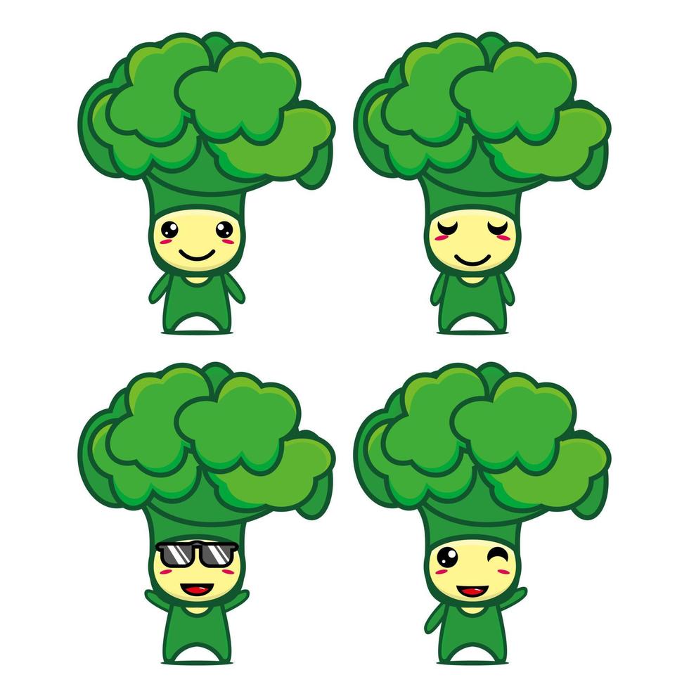 set collectie van schattige broccoli mascotte ontwerp karakter. geïsoleerd op een witte achtergrond. schattig karakter mascotte logo idee bundel concept vector