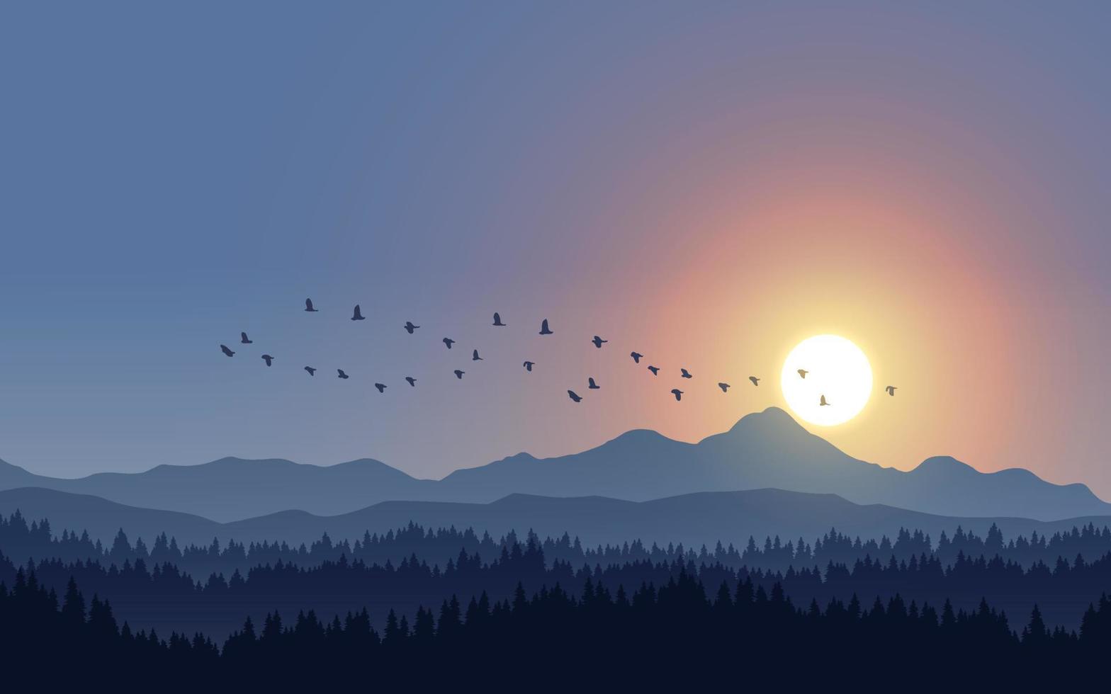 berg silhouet zonsondergang scène met vliegende vogels vector