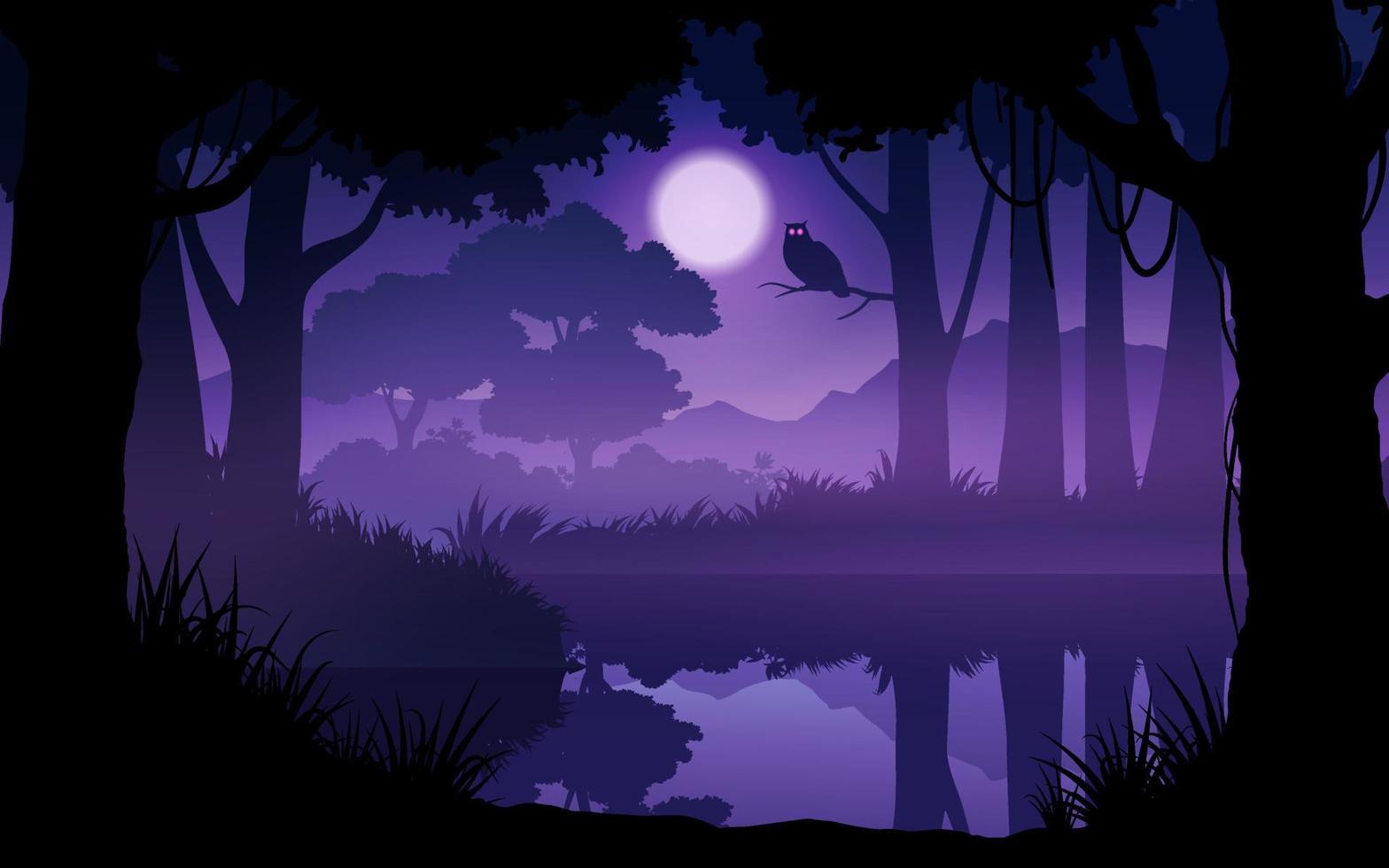rustig bosnachtlandschap met rivier, uil en maanlicht vector