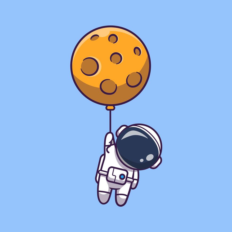 schattige astronaut zwevend met maan ballon cartoon vector pictogram illustratie. wetenschap technologie pictogram concept geïsoleerde premium vector. platte cartoonstijl