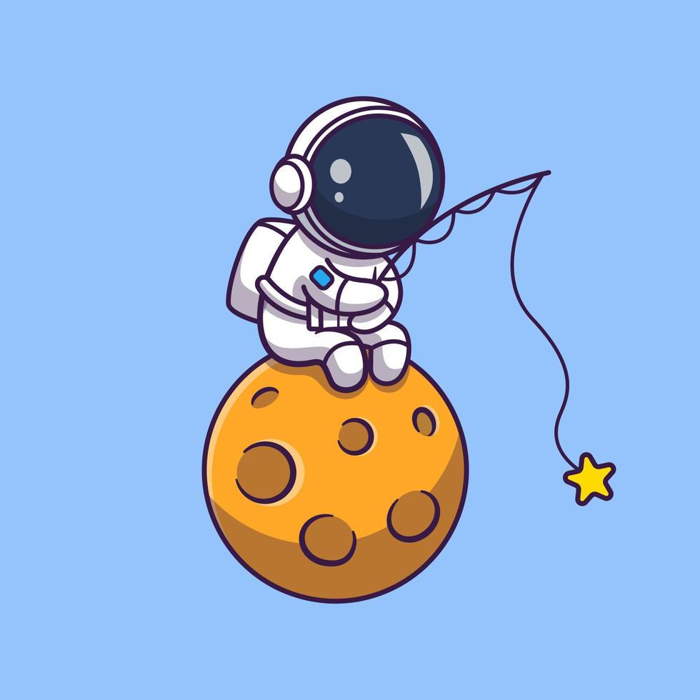 schattige astronaut vissen ster op maan cartoon vector pictogram illustratie. wetenschap technologie pictogram concept geïsoleerde premium vector. platte cartoonstijl