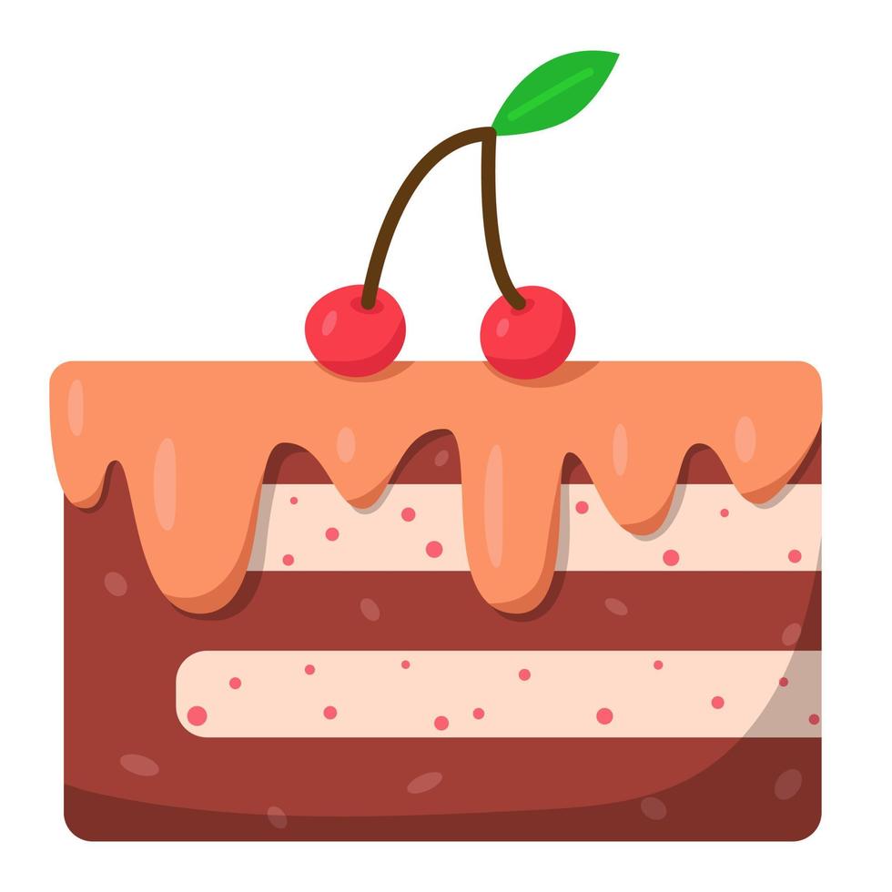 cakeplak met room en kersen. leuke illustratie in cartoon vlakke stijl. gelukkige verjaardag wenskaart ontwerpelement. vanille en chocoladetaart vector