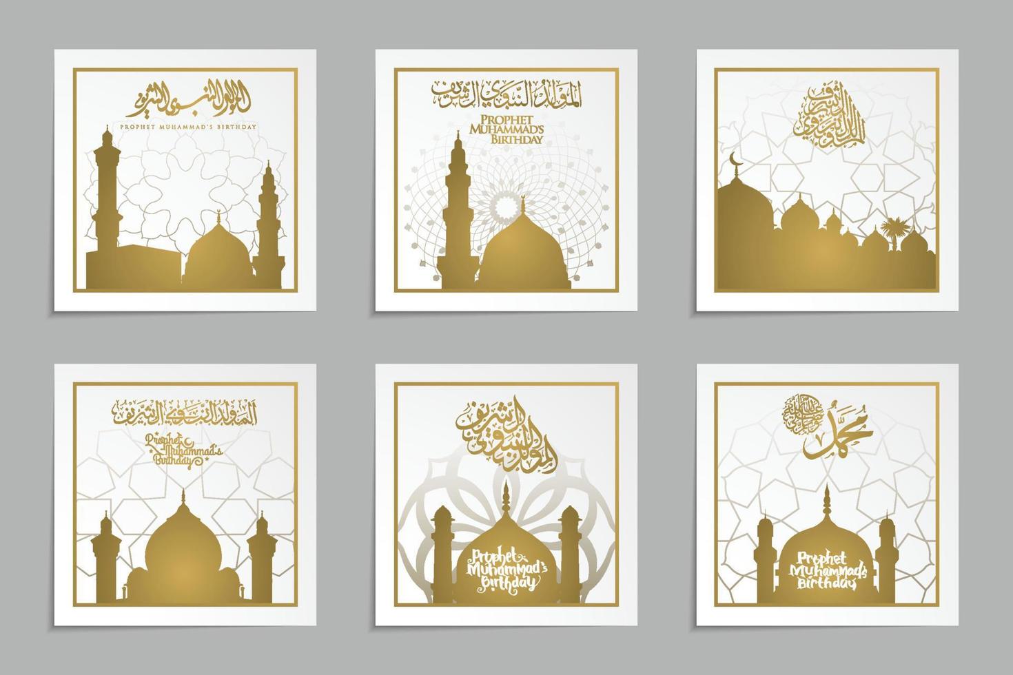 zes sets mawlid al-nabi groet achtergrond islamitische bloemmotief vector design met Arabische kalligrafie en moskee voor kaart, banner, behang, dekking, flyer. het gemiddelde is de verjaardag van de profeet Mohammed