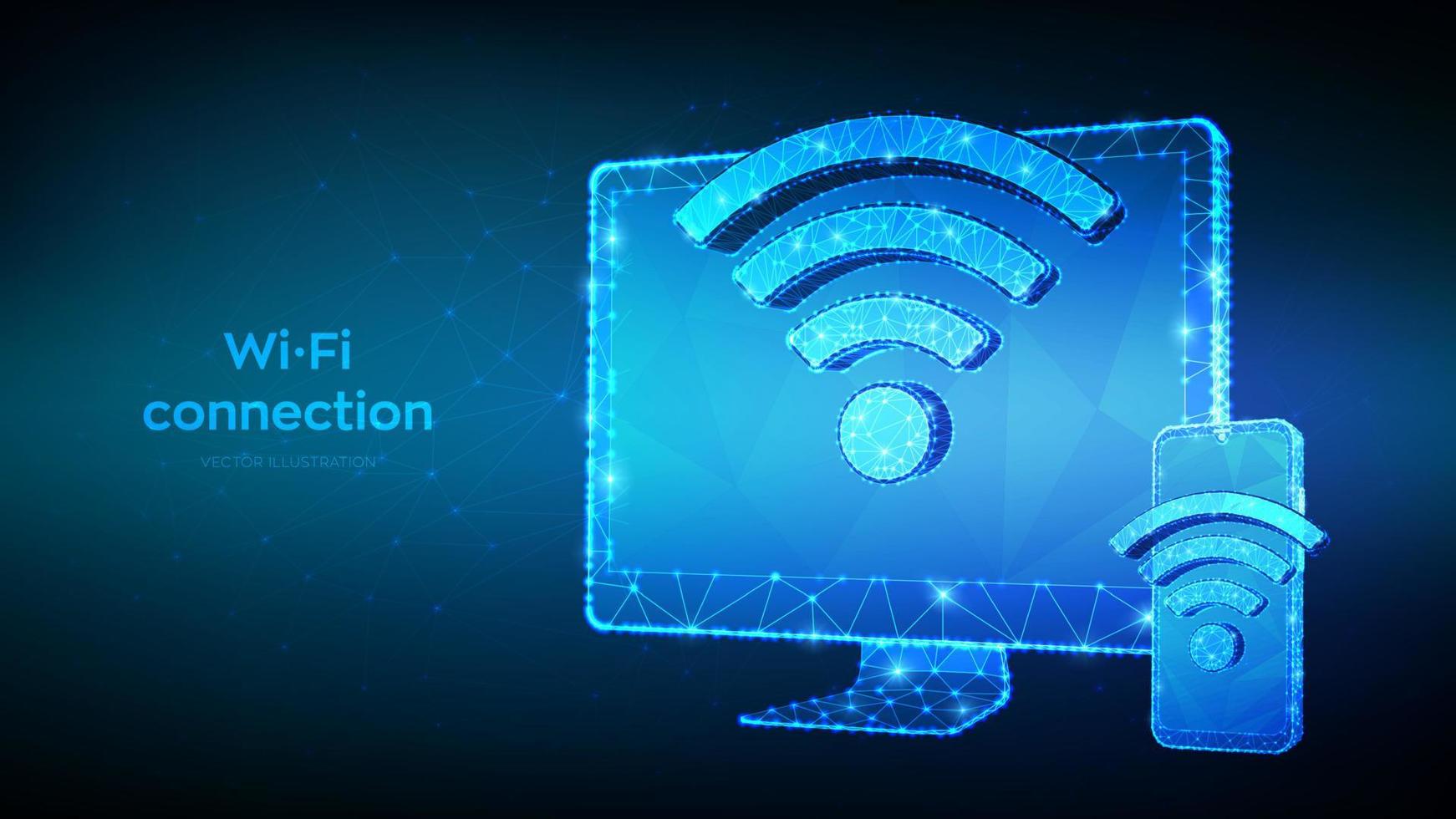 draadloze verbinding gratis wifi-concept. abstracte lage veelhoekige computermonitor en smartphone met wifi-teken. hotspot signaal symbool. mobiele verbindingszone. openbare beoordelingszone. vectorillustratie. vector