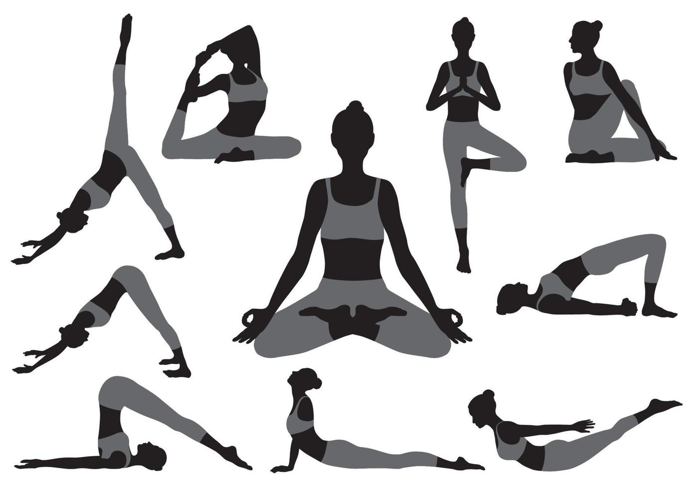 set van vector silhouetten van vrouwen die yoga-oefeningen doen. zwart-wit pictogrammen van verschillende yogaposities.