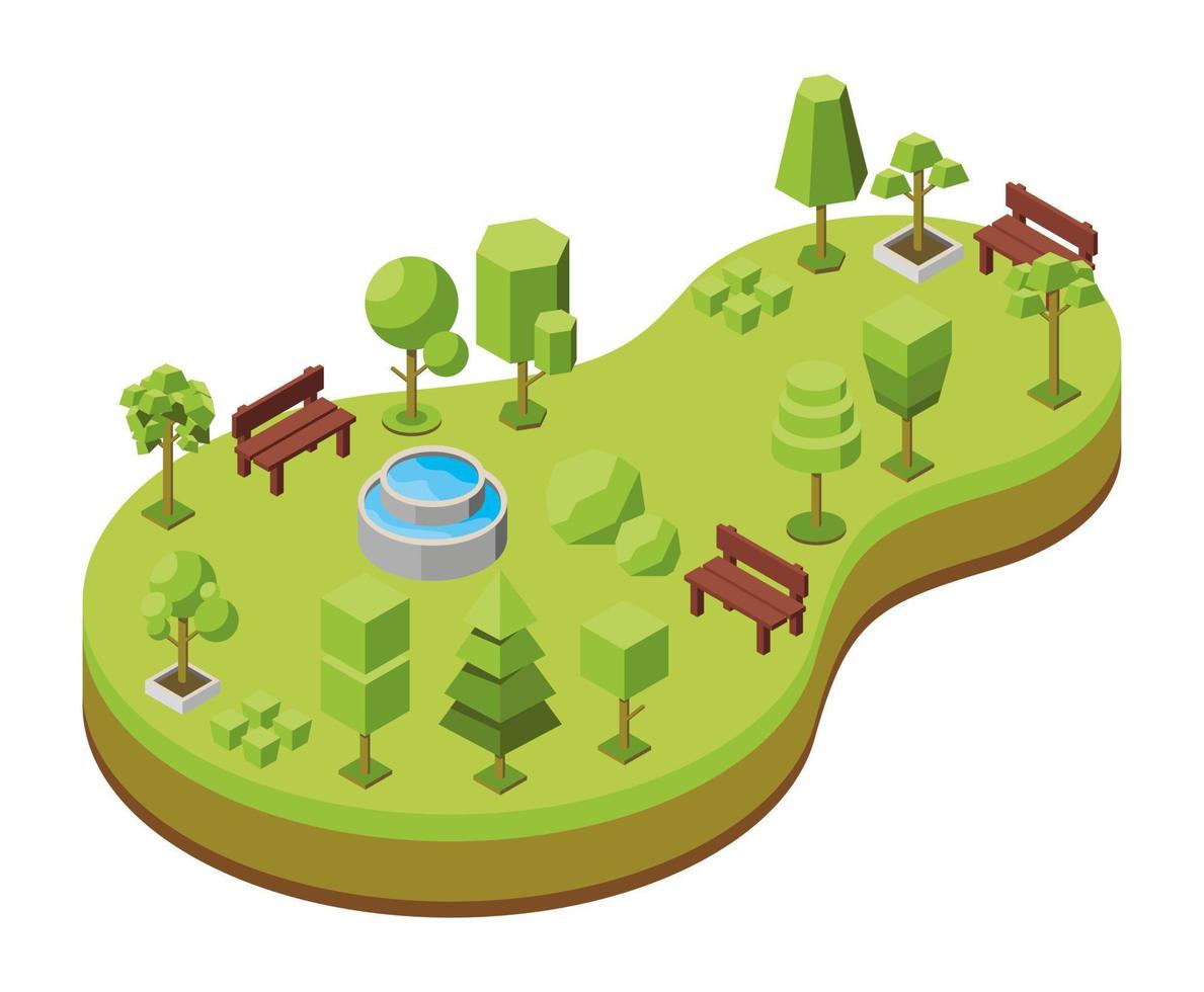 isometrische vectorillustratie. concept van een ecologisch park, recreatiegebieden met een vijver en een brug. natuurlijk landschap, milieu. aangelegd natuurgebied, bos, bosje. bomen isometrische pictogrammen vector