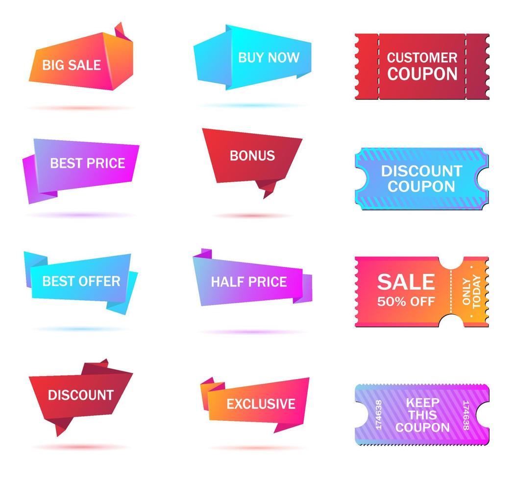 vectorstickers, prijskaartje, banner, etiket. couponverkoop, aanbiedingen en promoties vectorsjabloon. winkel prijskaartje, detailhandel, handel, bedrijf vector