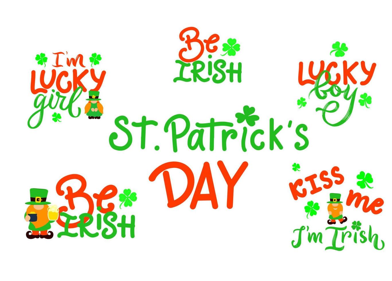 st patricks dag set van grappige citaten. kus me ik ben Iers. gelukkige jongen, meisje. met kabouter, klaverblaadjes. vectorillustratie. t-shirt print, festival poster, banner. vakantie concept. uitdrukking voor mok, glas vector